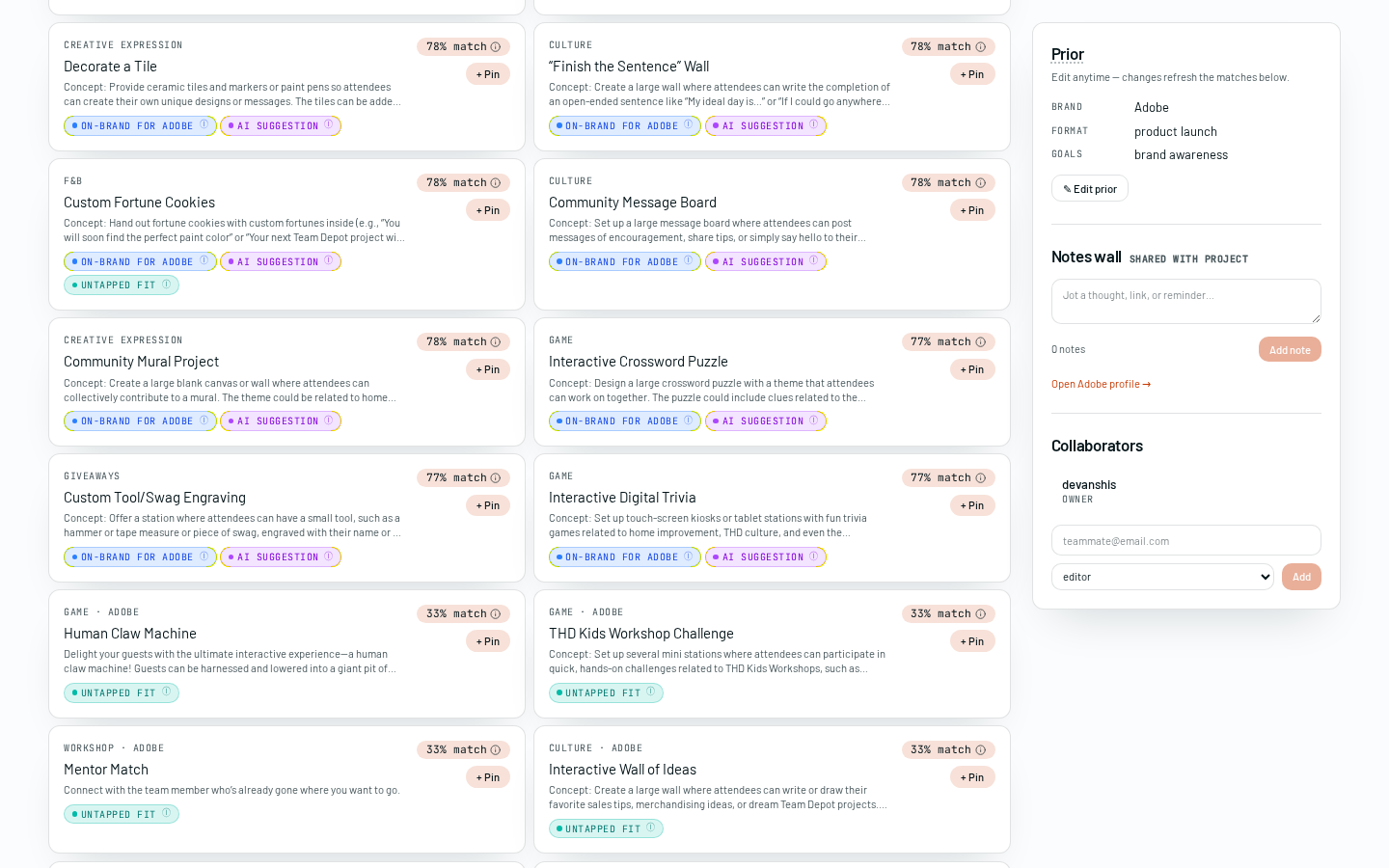 Notes wall with AI summary and team notes.
