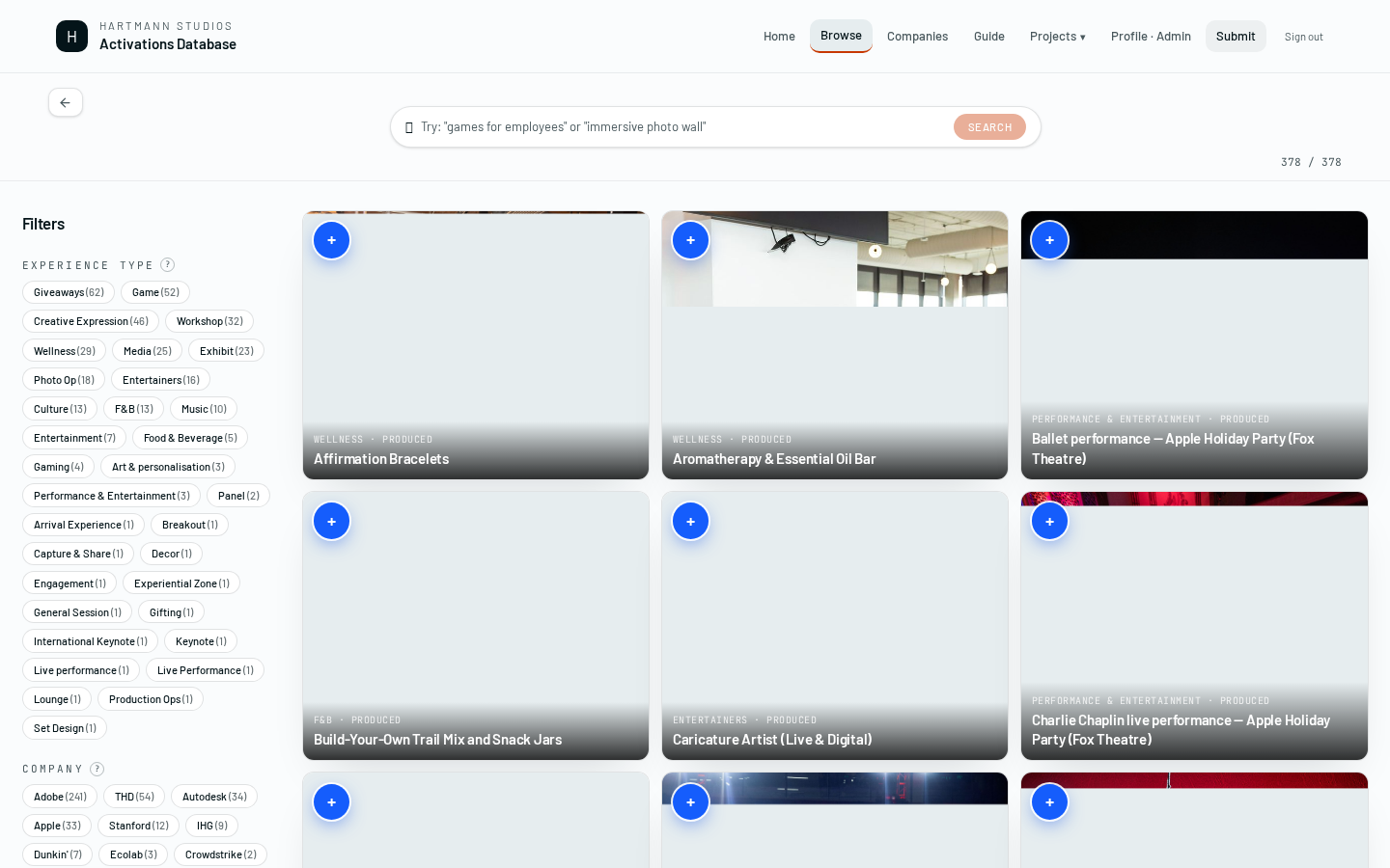 Browse with search, filters, and result grid.