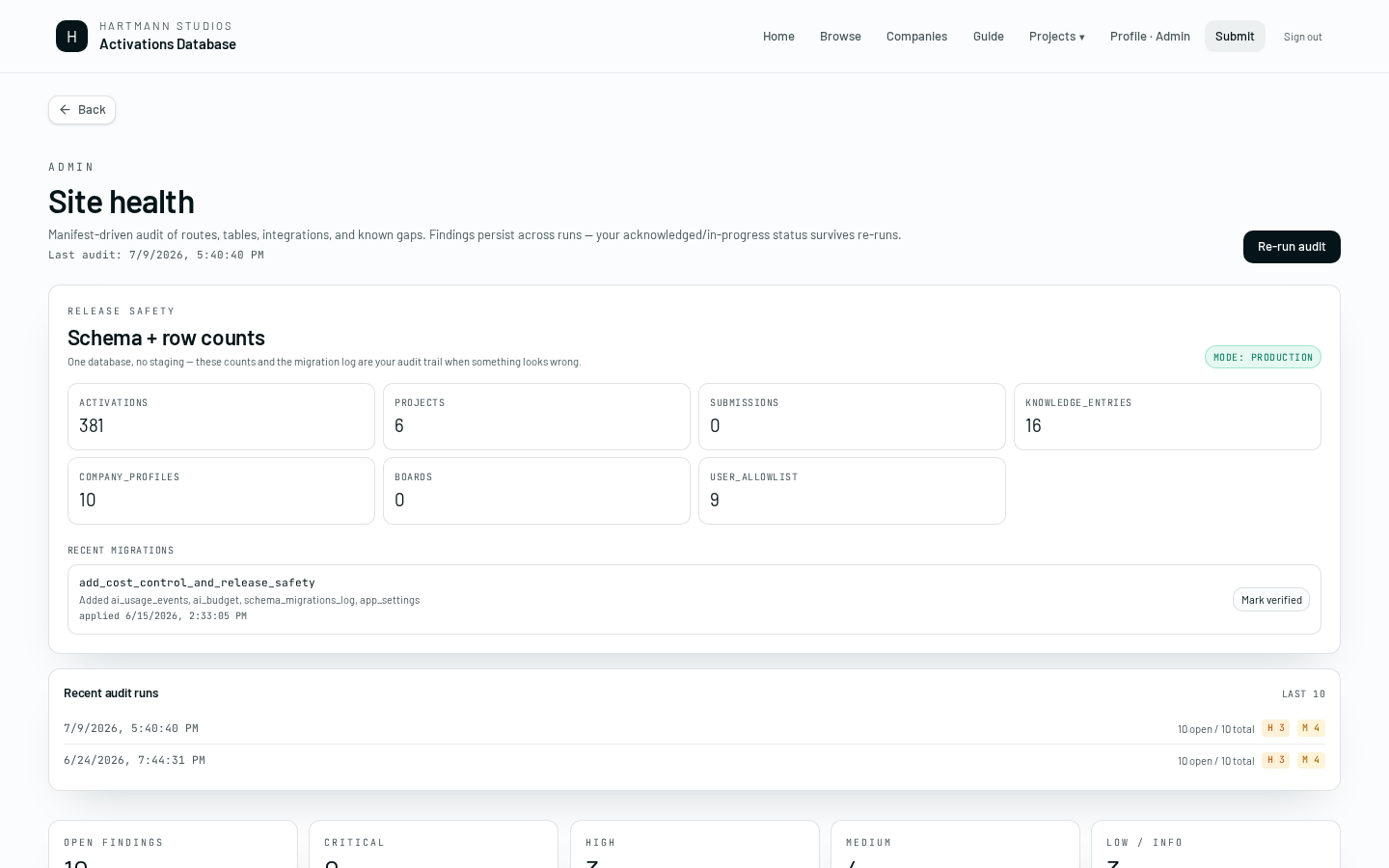 Admin health page.